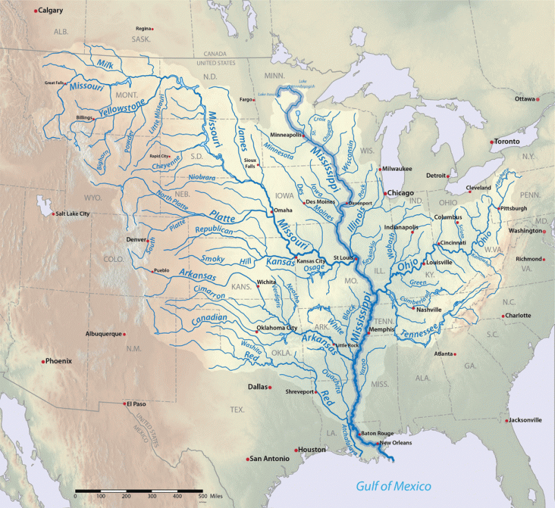Map of Mississippi River basin watershed Detailed map showing the full extent of the Mississippi River Basin across the central United States