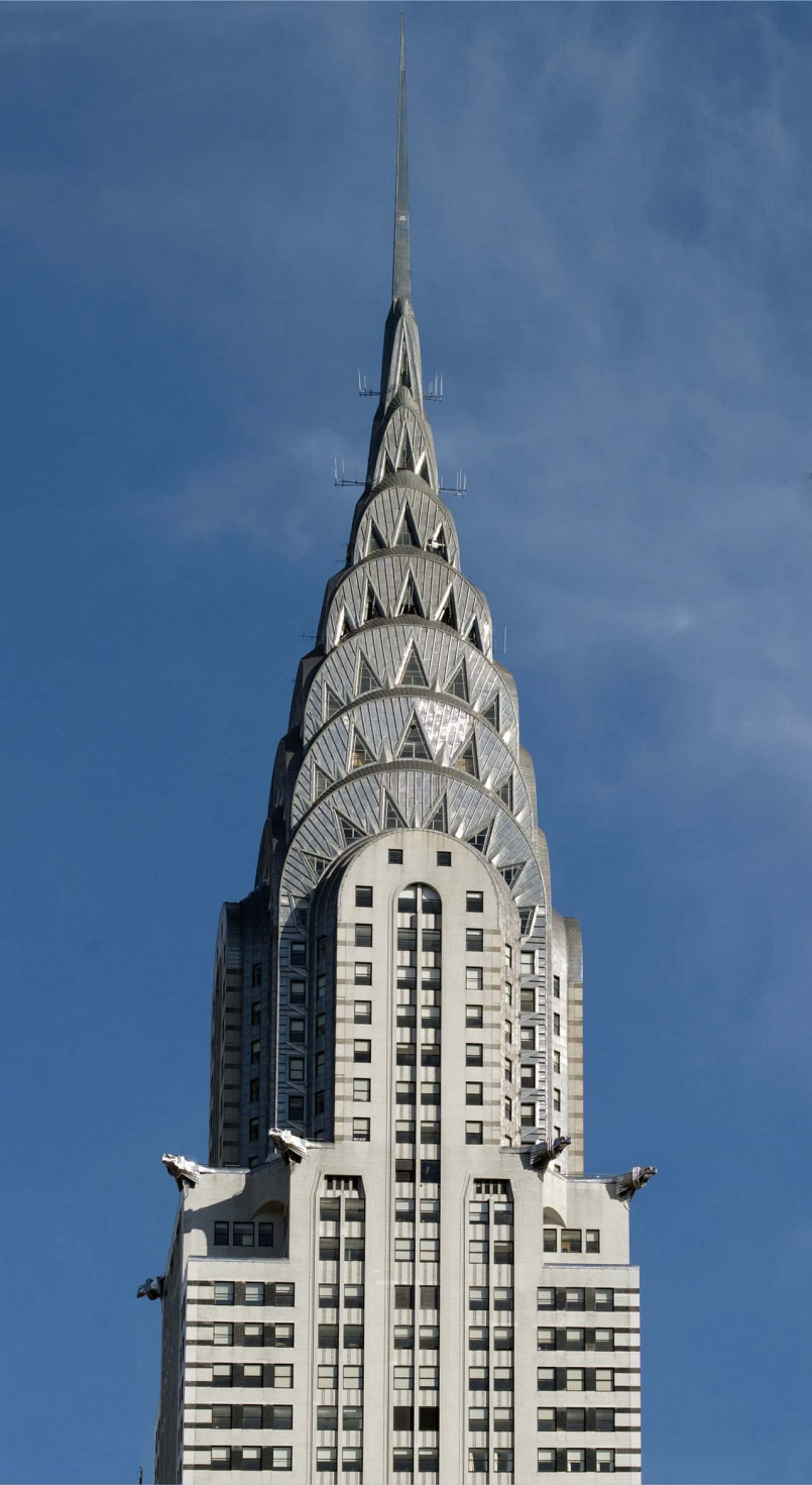 Chrysler Building crown closeup Detailed view of the Chrysler Building's iconic stainless steel crown with its distinctive arches