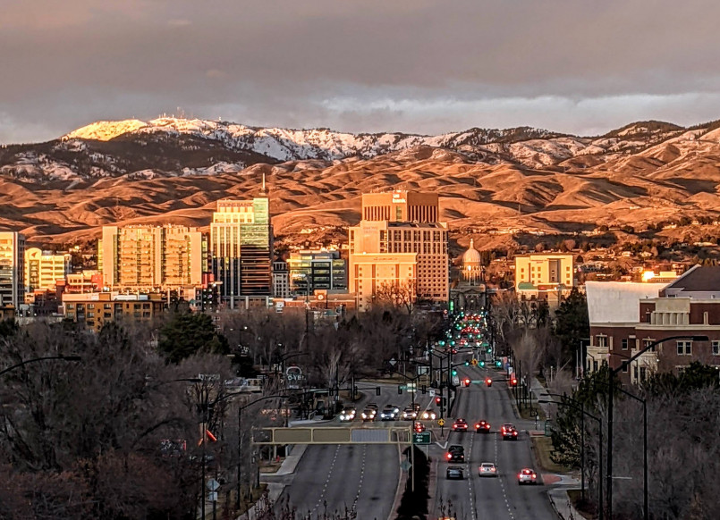 Downtown Boise Idaho skyline with mountains in background
