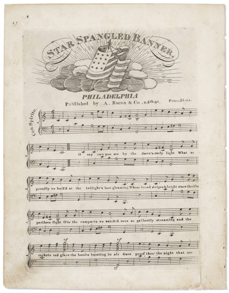 Early 19th century sheet music for The Star-Spangled Banner showing musical notation and lyrics