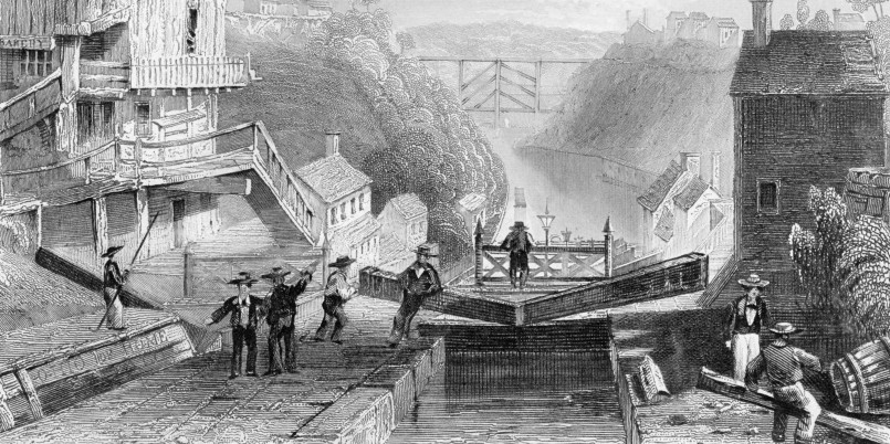 Historical drawing of workers constructing a lock on the Erie Canal