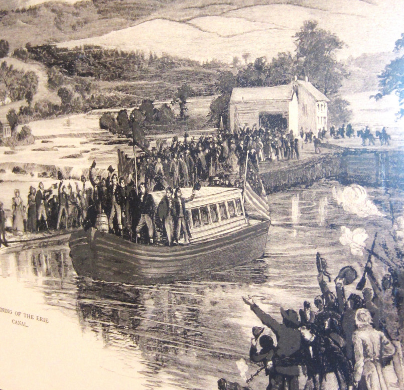 Passenger packet boat filled with travelers on the Erie Canal in the 1830s