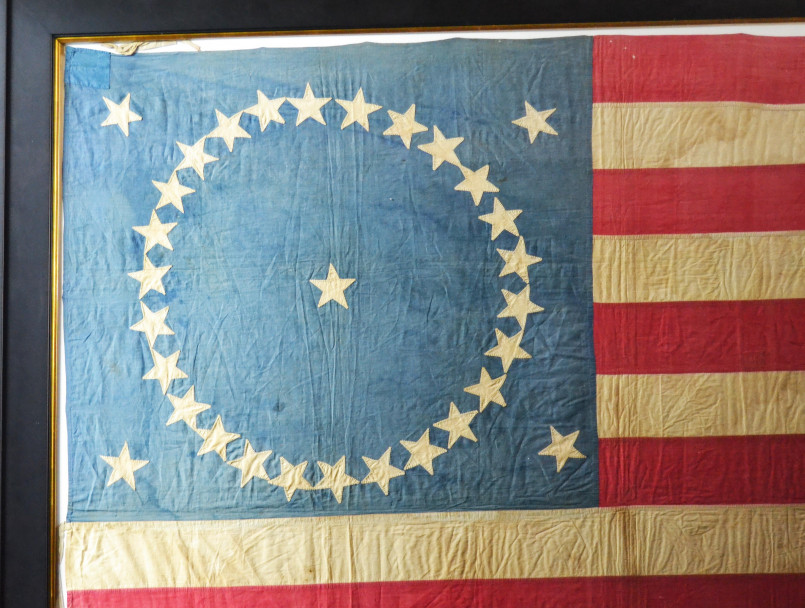 Timeline showing various American flag designs as stars were added for new states