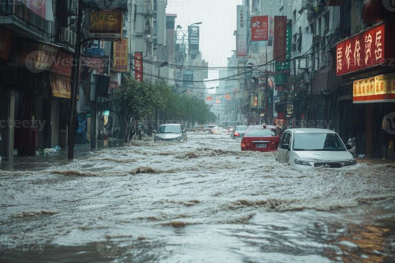 Flooded city street cars submerged City street with cars partially submerged in floodwater during heavy rainfall
