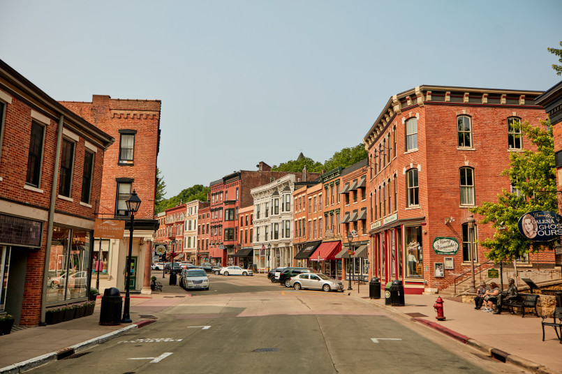 Galena's Main Street lined with preserved red brick 1850s commercial buildings