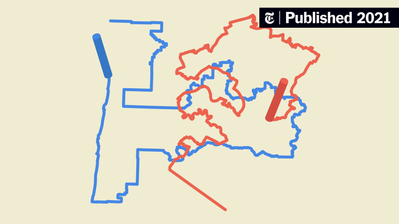 Gerrymandered congressional district map, oddly shaped voting districts Illustration of irregularly shaped congressional districts demonstrating gerrymandering patterns