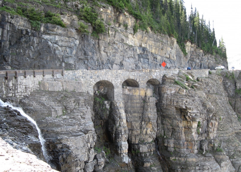 Scenic view of the winding Going-to-the-Sun Road with mountains and valleys in Glacier National Park