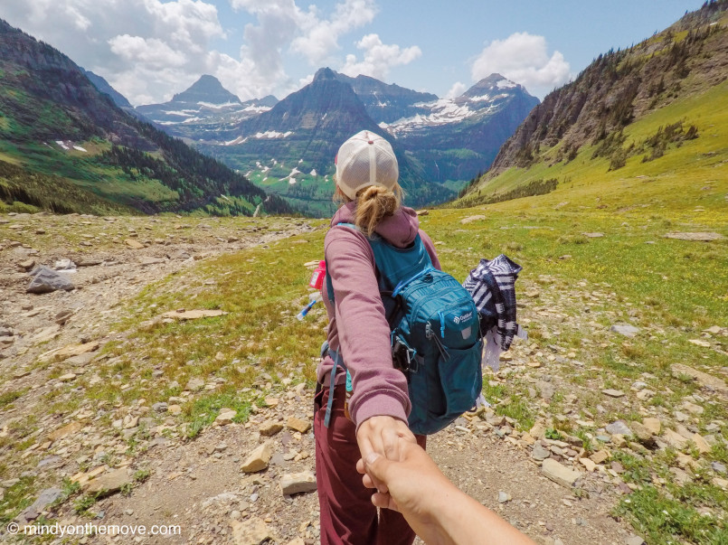 Glacier National Park Highline Trail hikers Hikers on the Highline Trail with sweeping mountain views in Glacier National Park