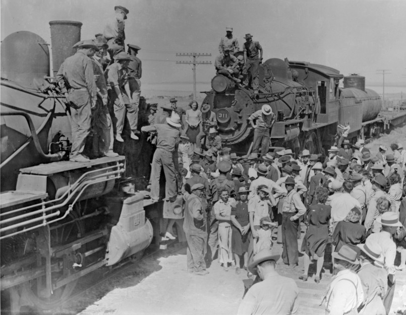 The famous East meets West photograph from the Golden Spike Ceremony at Promontory Summit