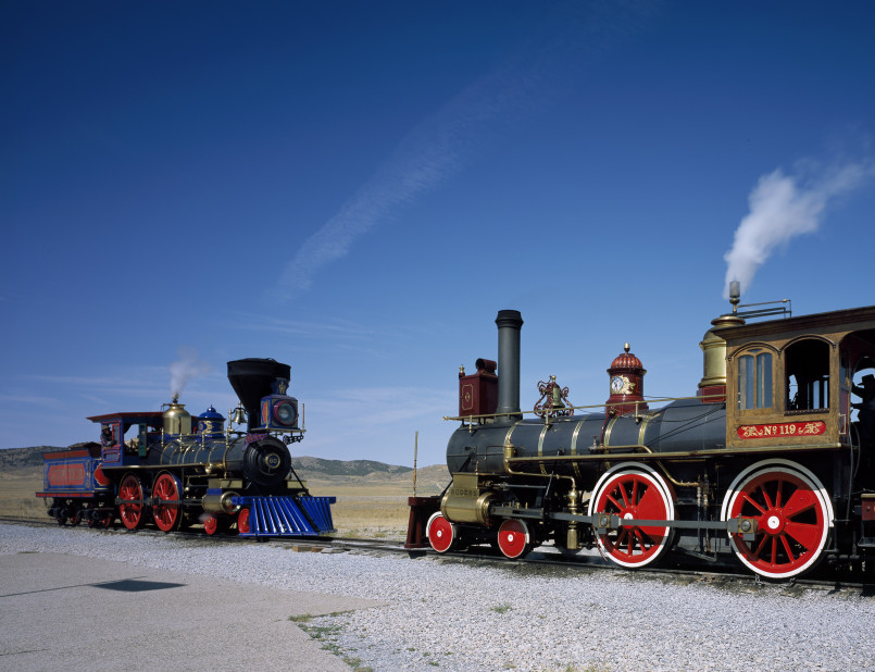 Replica locomotives at Golden Spike National Historical Park in Utah