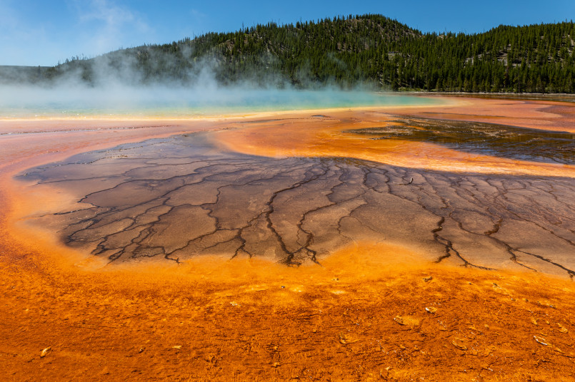 Grand Prismatic Spring Yellowstone Aerial view of the vibrant rainbow-colored Grand Prismatic Spring in Yellowstone National Park