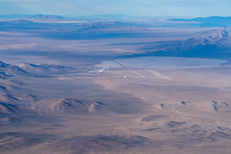 Aerial view of Groom Lake dry lakebed in Nevada desert
