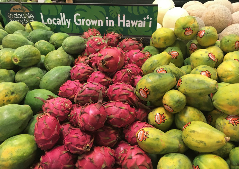 Supermarket shelves in Hawaii showing high-priced imported groceries