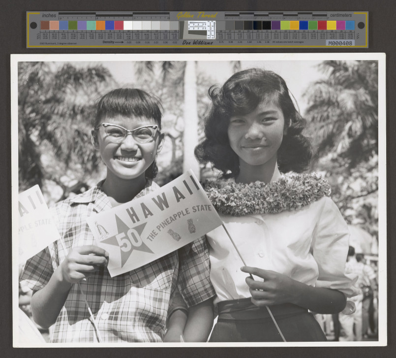Hawaii statehood ceremony 1959 Hawaii statehood ceremony with officials raising the new 50-star American flag