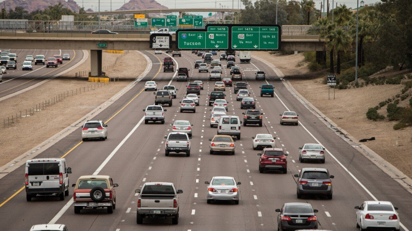 Heavy traffic congestion on a multi-lane highway in Phoenix, Arizona