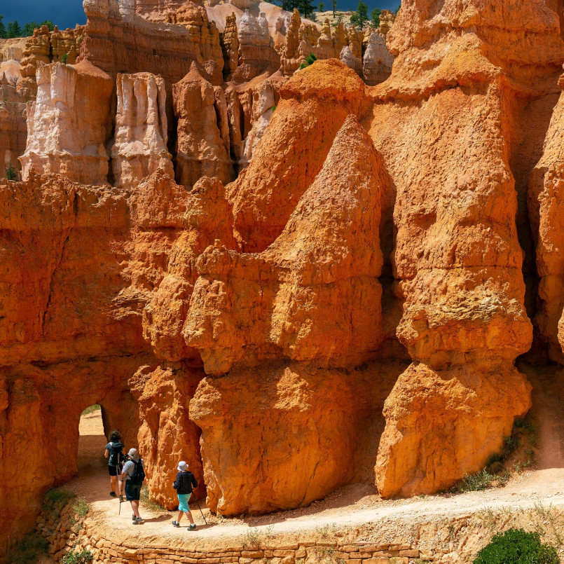 Hikers on trail winding through colorful hoodoo formations in Bryce Canyon