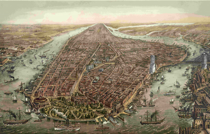 Busy New York harbor filled with ships during the Erie Canal's golden age