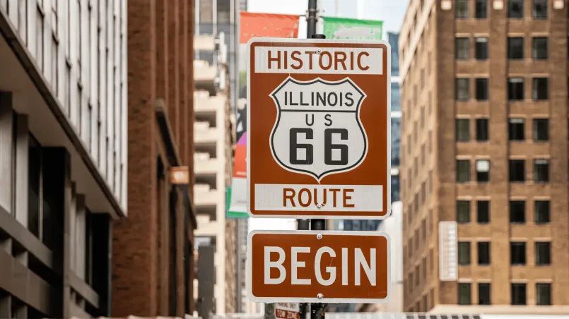 Route 66 iconic road sign highway Illinois Historic Route 66 highway sign marking the start of the Mother Road in Illinois