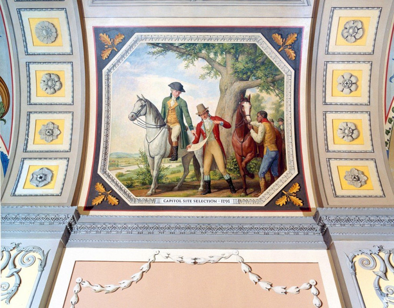 Historical illustration depicting the signing of the Residence Act of 1790