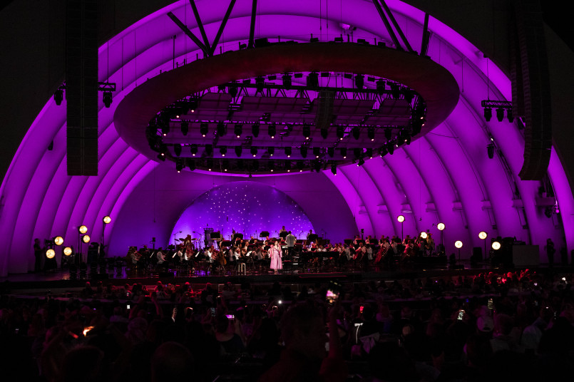 Hollywood Bowl concert night Nighttime concert at the Hollywood Bowl with illuminated stage and seating area