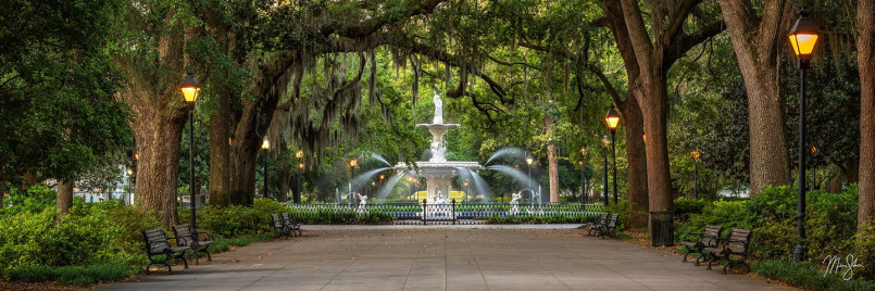 Iconic fountain in Forsyth Park with Spanish moss-draped oak trees in Savannah