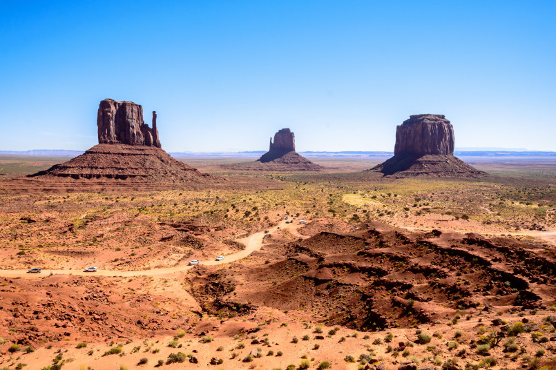 Iconic sandstone buttes and mesas of Monument Valley at sunset