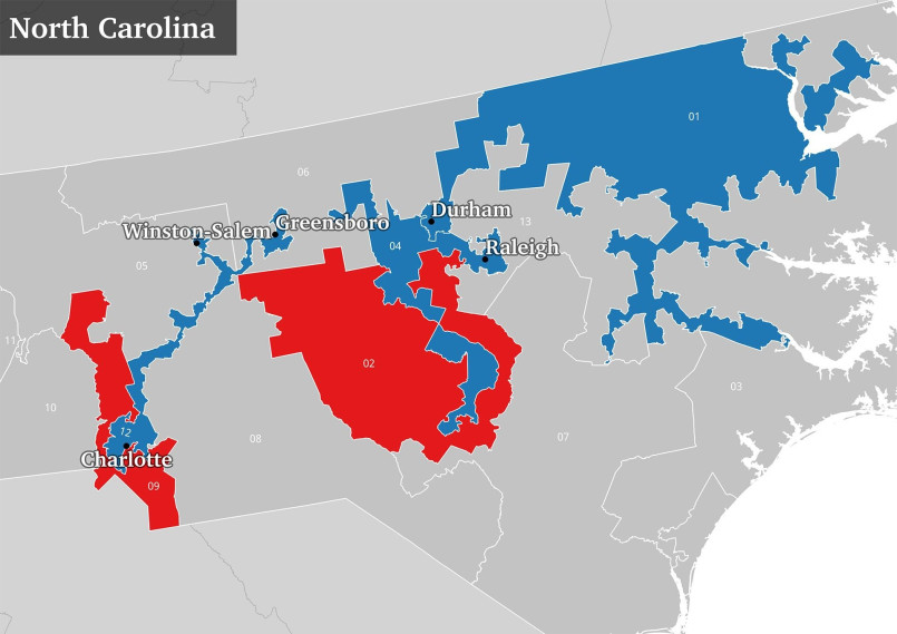 Gerrymandered congressional district map, oddly shaped voting districts Illustration of irregularly shaped congressional districts demonstrating gerrymandering patterns