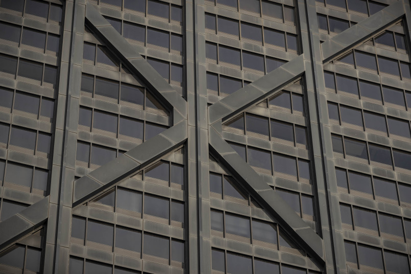 Close-up of the distinctive X-bracing structural system on the exterior of the John Hancock Center