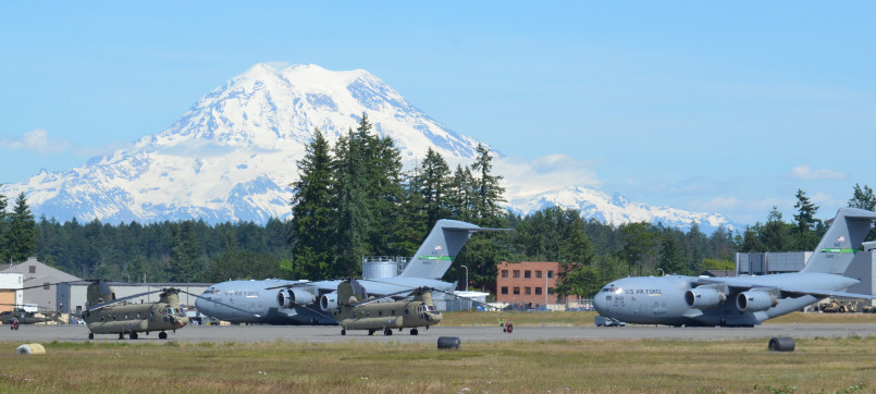 Overview of Joint Base Lewis-McChord with Mount Rainier in background
