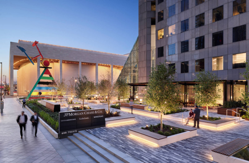 JPMorgan Chase Tower rising above the Houston skyline with its distinctive five-sided design