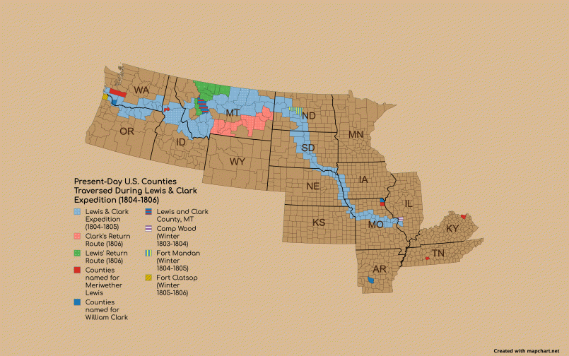 Map showing the route of Lewis and Clark expedition through the Louisiana Purchase territory