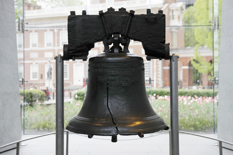 Historical illustration depicting the original casting of the Liberty Bell in Philadelphia