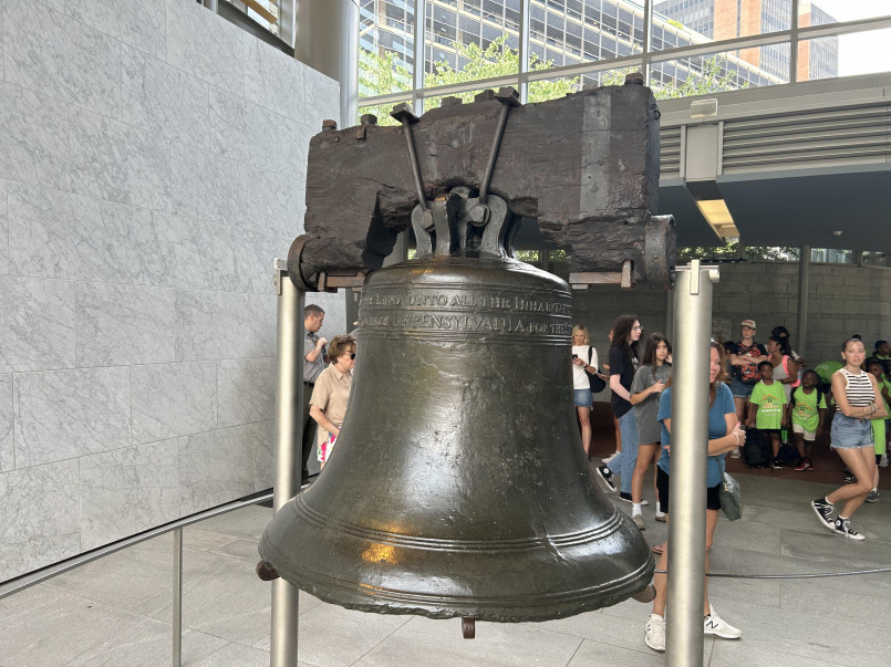 Close-up view of the Liberty Bell showing its famous crack and inscription