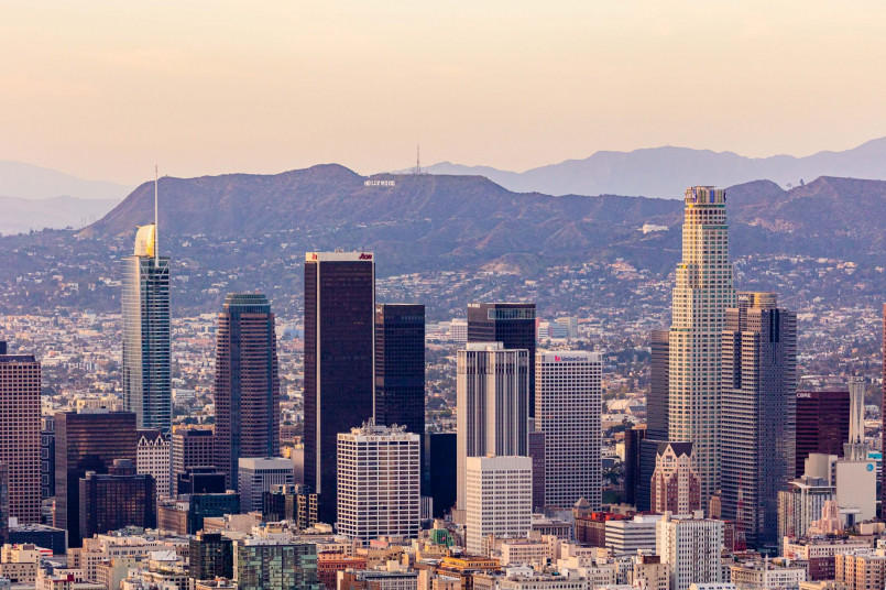 Los Angeles skyline with the Hollywood sign visible in the distance