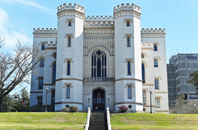 Full view of the 450-foot tall Louisiana State Capitol building in Baton Rouge with its distinctive art deco architecture
