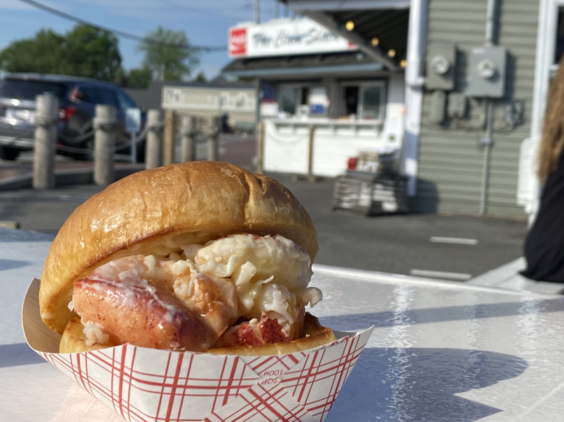 Maine lobster roll Kennebunkport Fresh Maine lobster roll being served at a waterfront restaurant in Kennebunkport