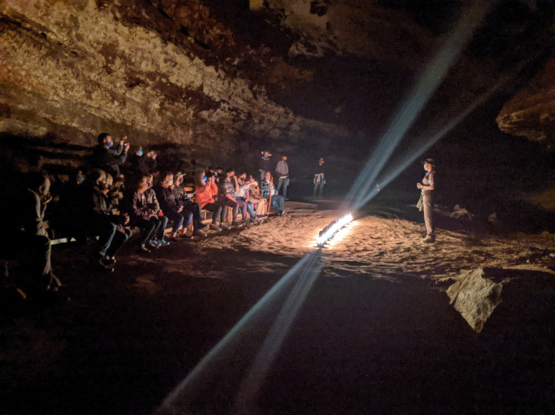 Mammoth Cave Kentucky large chamber Expansive chamber with wooden walkways for tourists in Mammoth Cave National Park, Kentucky