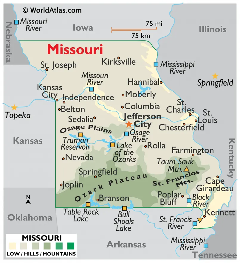 Map highlighting Missouri and its eight bordering states