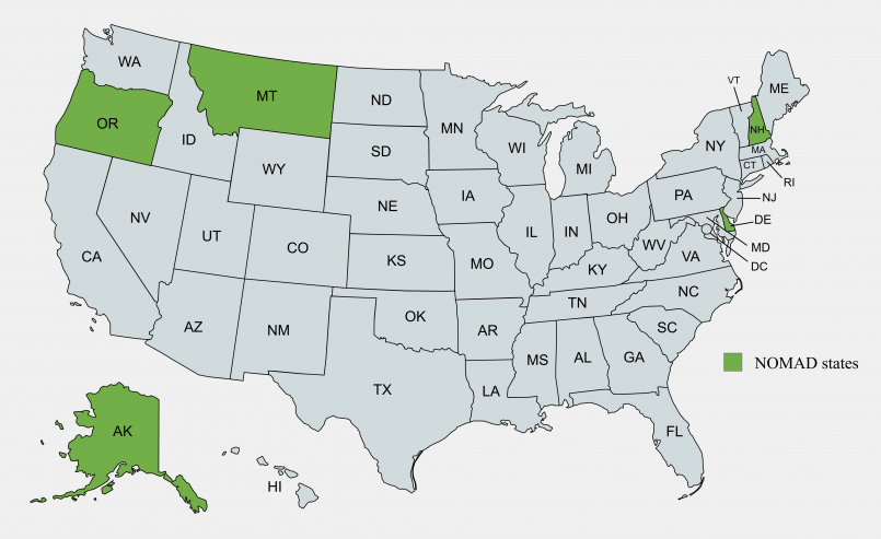 Map of the United States with Alaska, Delaware, Montana, New Hampshire, and Oregon highlighted as states with no sales tax