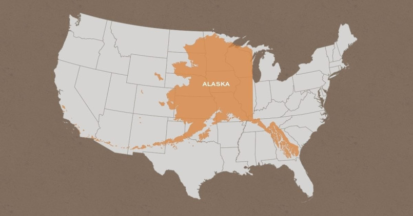 Map showing Alaska's outline overlaid on Texas demonstrating Alaska is more than twice the size