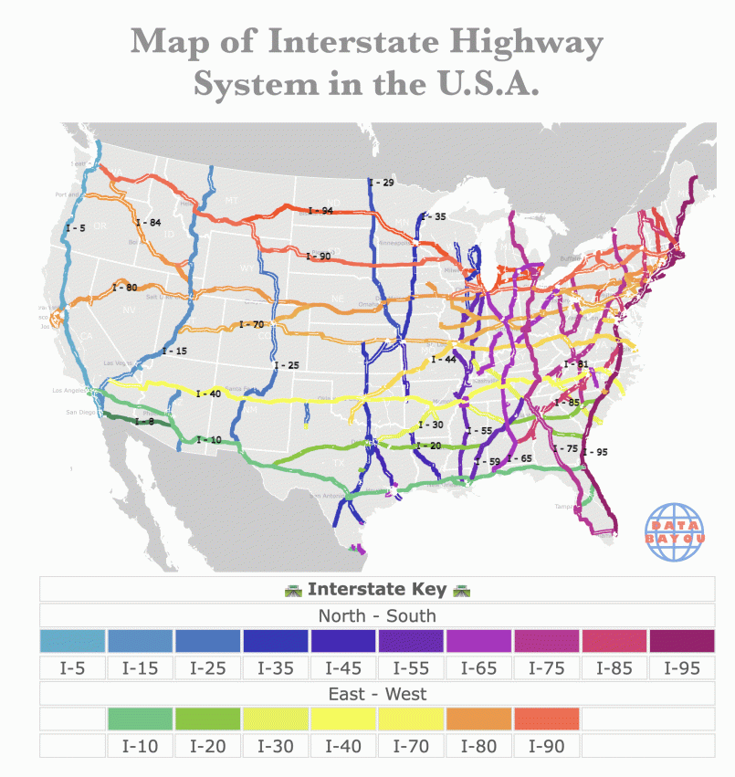 Map showing complete interstate highway network across USA
