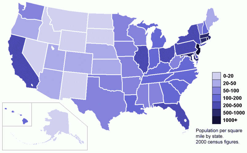 Map showing population density variations across US states