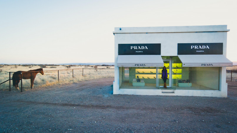 The Prada Marfa art installation, a fake luxury store in the desert outside Marfa, Texas
