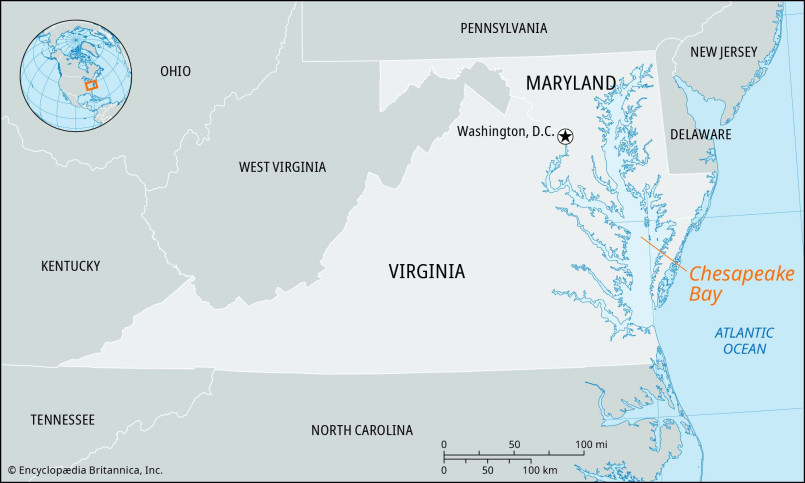 Maryland's irregular border surrounding Chesapeake Bay