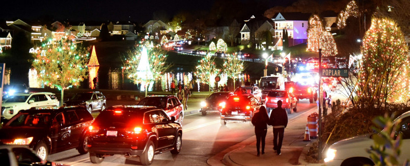 McAdenville North Carolina Christmas Town USA Aerial view of McAdenville neighborhood homes decorated with Christmas lights and decorations