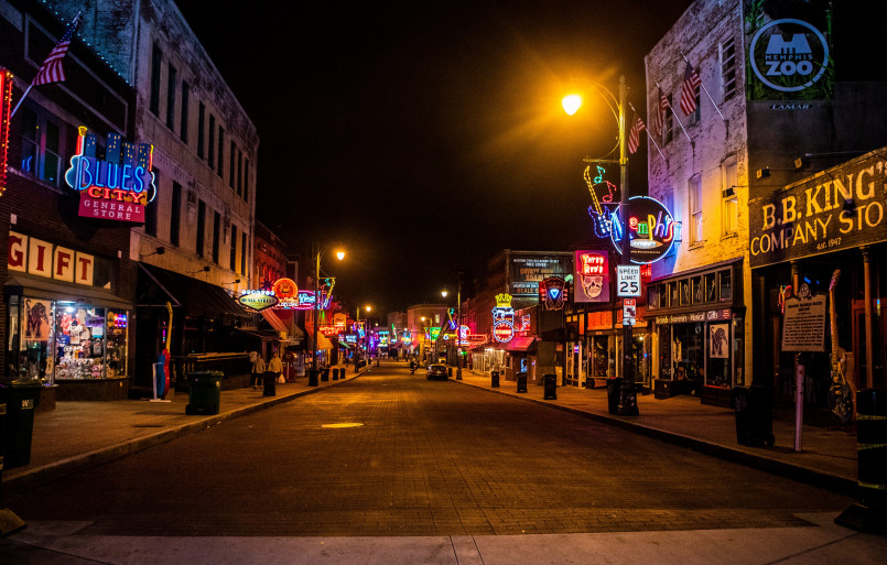 Memphis Beale Street night Neon signs illuminating Beale Street at night with blues clubs and street performers