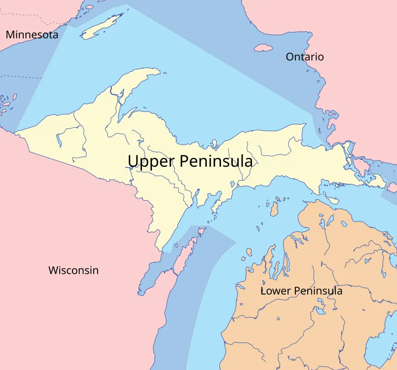 Michigan's two separated peninsulas shown on map