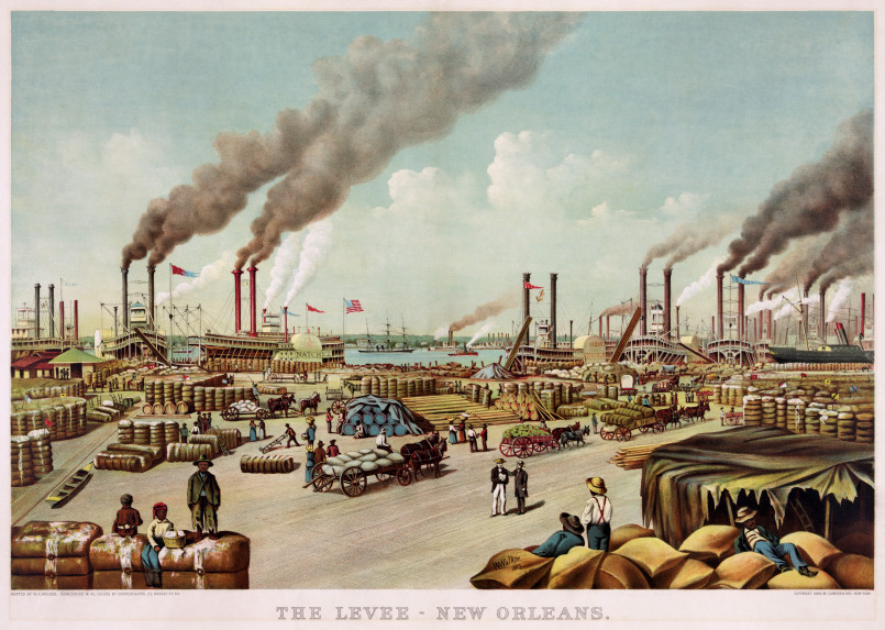 Historical image of cotton plantation along the Mississippi River with workers and riverboats visible