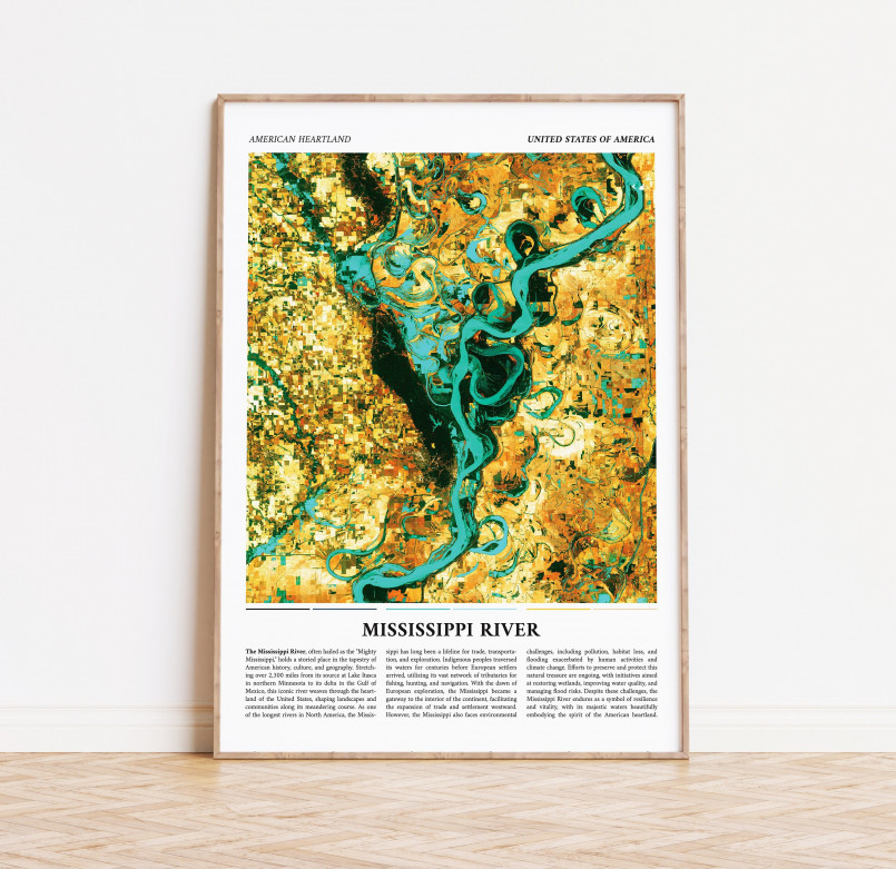 Historical painting showing early trade along the Mississippi River with flatboats and settlements