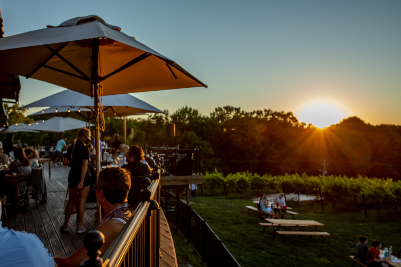 Rolling vineyards along the Missouri River with historic German architecture
